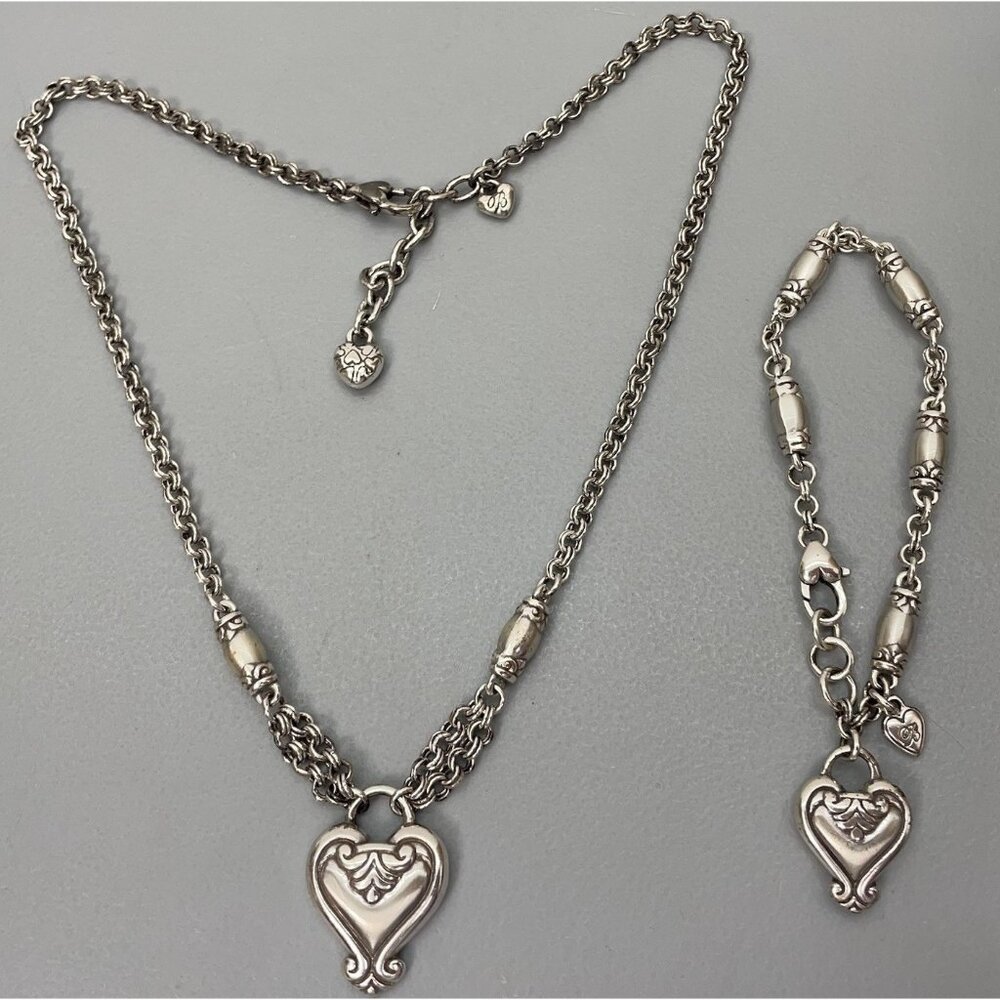 Brighton Blaire Heart Pendent Chain Necklace & Beaded Charm Bracelet Silver Tone